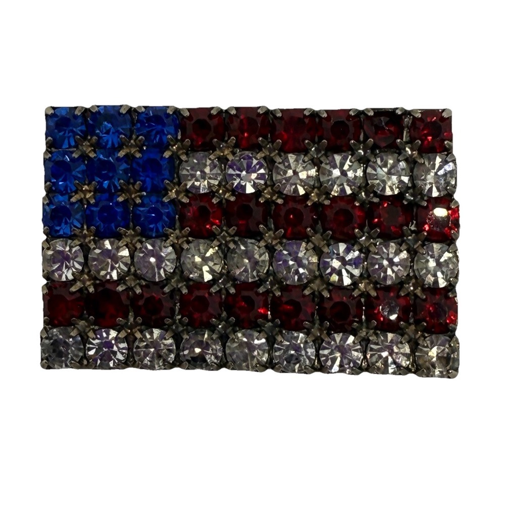 Vintage Rhinestone American Flag Brooch Red White Blue Silver Tone Lapel Pin